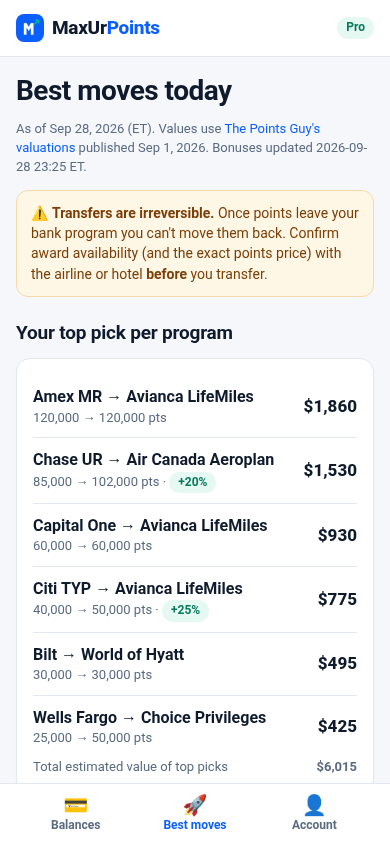 Best moves screen: top transfer partner per program with estimated dollar values and active bonuses