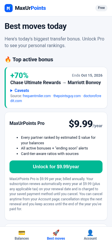 Free tier: today's top active transfer bonus and the Pro upgrade